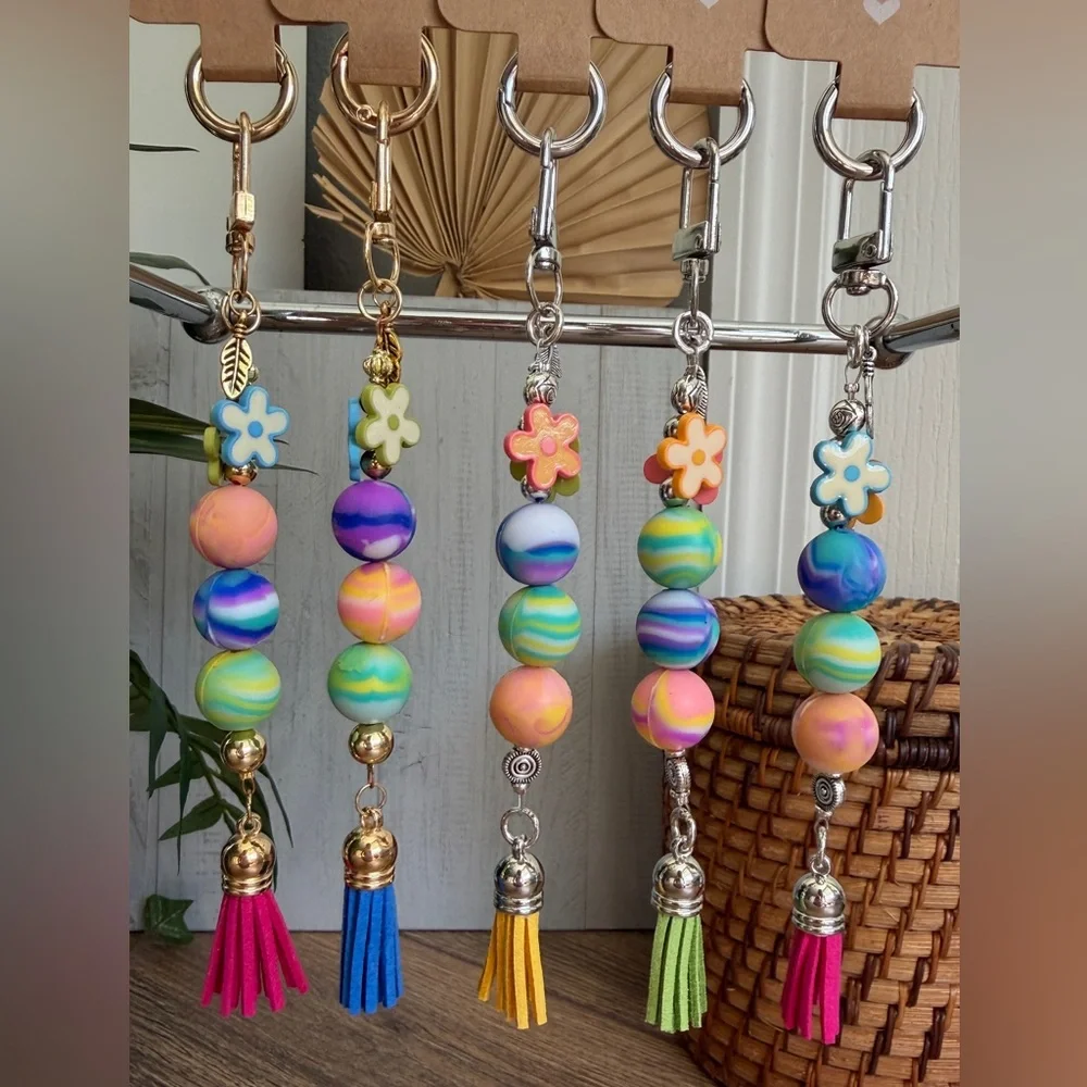 Flower Power Multicolor Swirl Silicone Bead Bag Charm Keychain